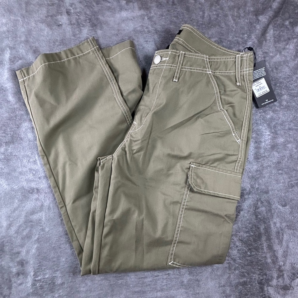 True Religion Mens Cargo Pants Olive Green White Contrast Stitch Size 34 NWT